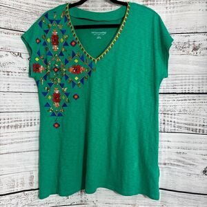 Soft surroundings Top Womens Sz M V Neck embroidered sequins Kelly Green